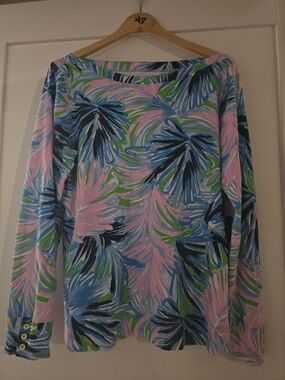 Lilly Pulitzer Pink Blue Green Tropical-Print Long Sleeve Top